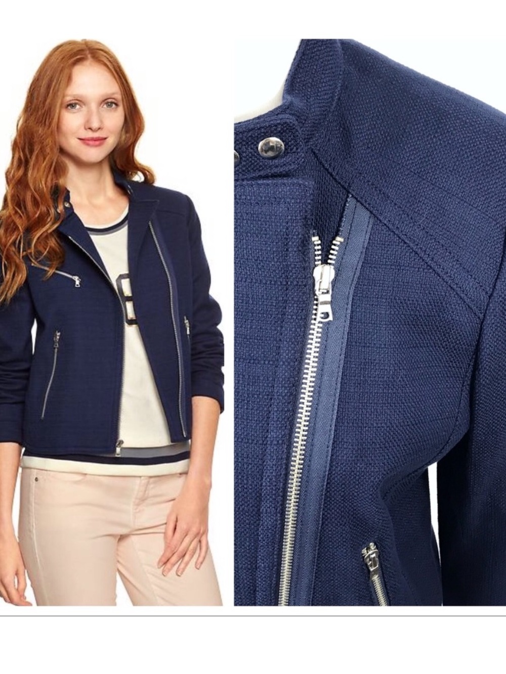 Gap Navy Blue Moto Jacket Silver Ziper Blazer Woven Cotton Women’s size XL